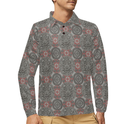 Calendar Aztec Style Print Pattern Long Sleeve Polo Shirt For Men's