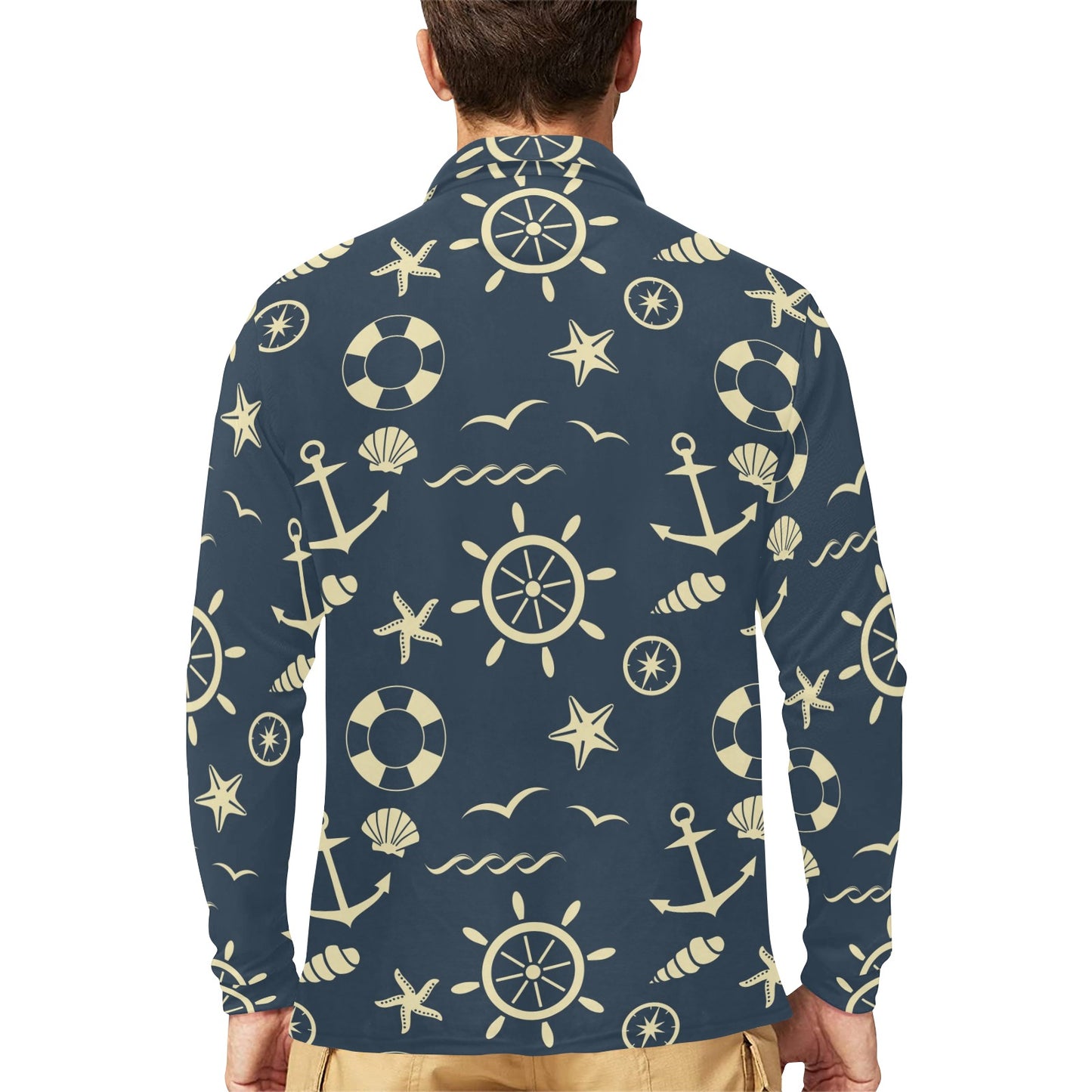 Nautical Pattern Print Design A01 Long Sleeve Polo Shirt For Men's