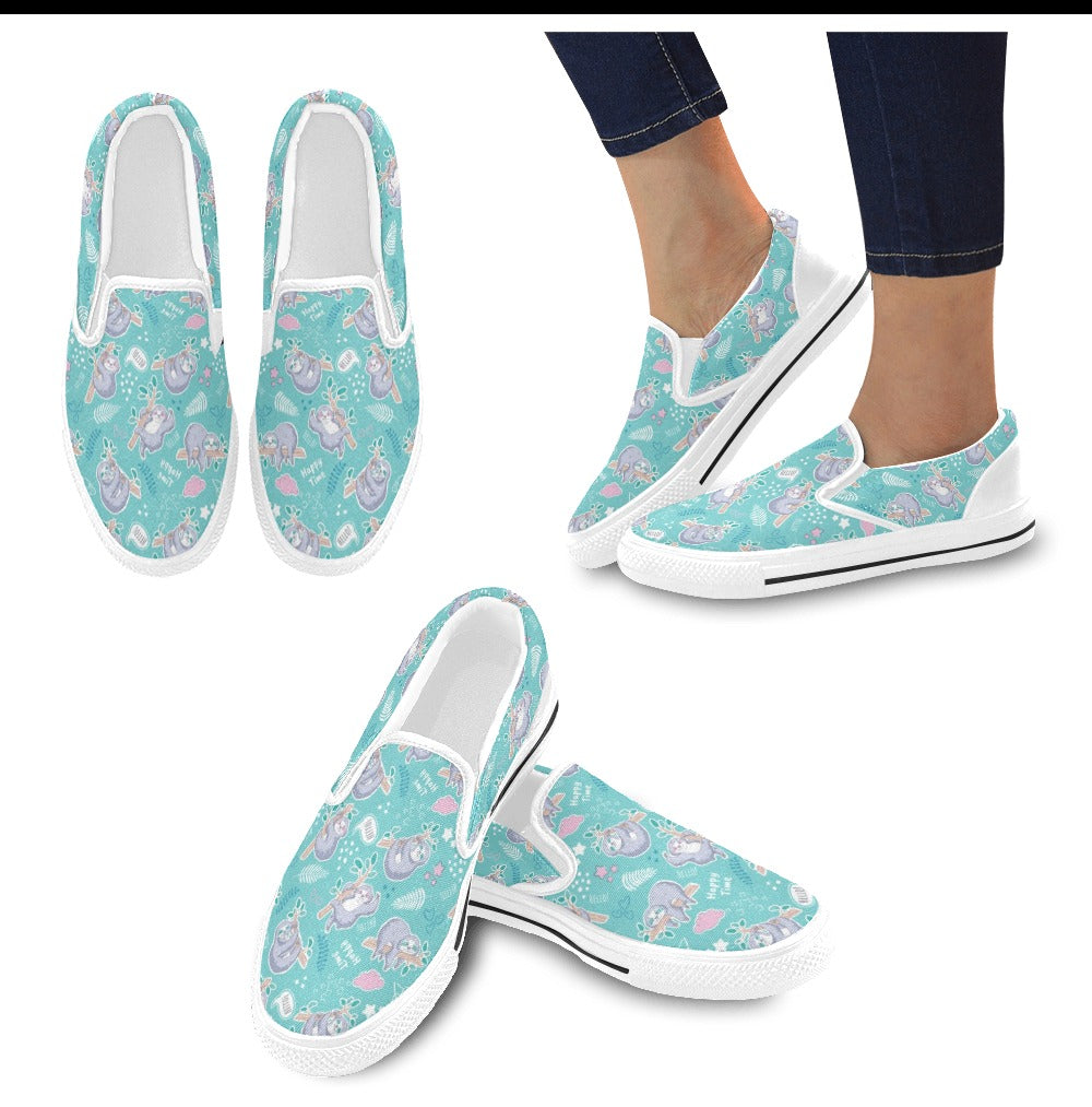 Sloth Print Design LKS309 White Slip Ons Canvas Women's Shoes