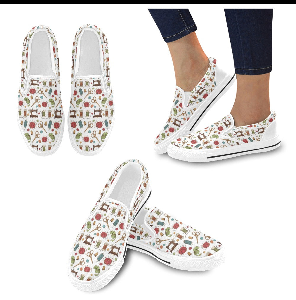 Sewing Equipment Print Design LKS304 White Slip Ons Canvas Women's Shoes