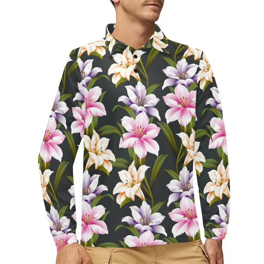 Lily Pattern Print Design LY01 Long Sleeve Polo Shirt For Men's