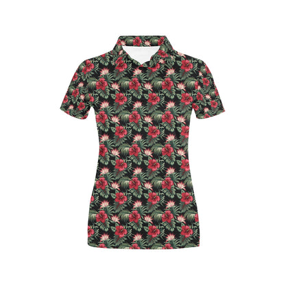 Flower Hawaiian Red Hibiscus Design Print Women's Polo Shirt