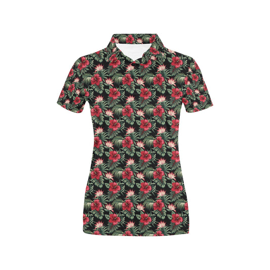 Flower Hawaiian Red Hibiscus Design Print Women's Polo Shirt