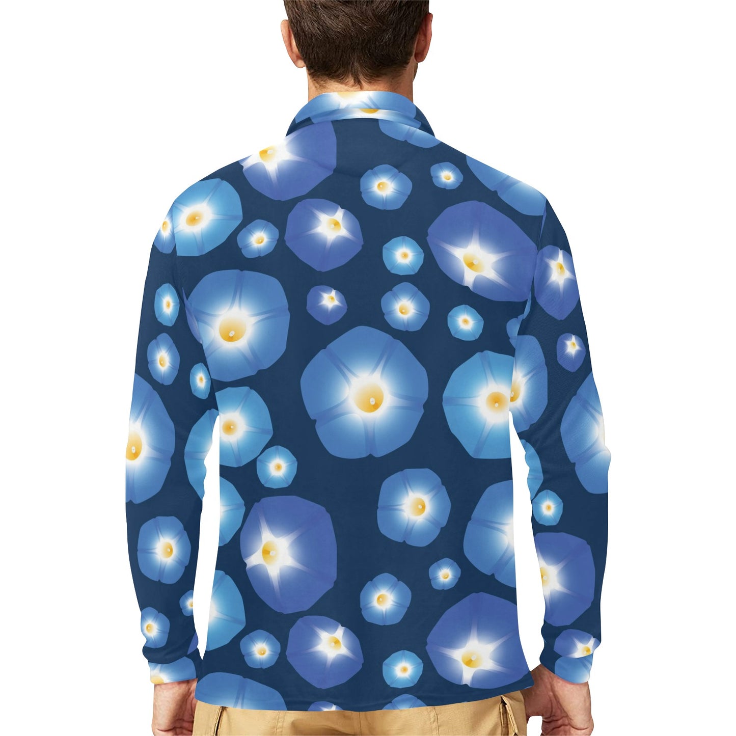 Morning Glory Pattern Print Design 02 Long Sleeve Polo Shirt For Men's