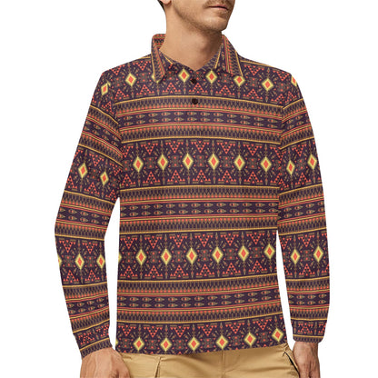 Southwest Ethnic Design Themed Print Long Sleeve Polo Shirt For Men's