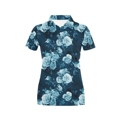 Rose Blue Pattern Print Design RO014 Women's Polo Shirt