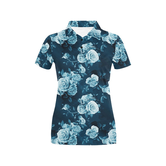Rose Blue Pattern Print Design RO014 Women's Polo Shirt