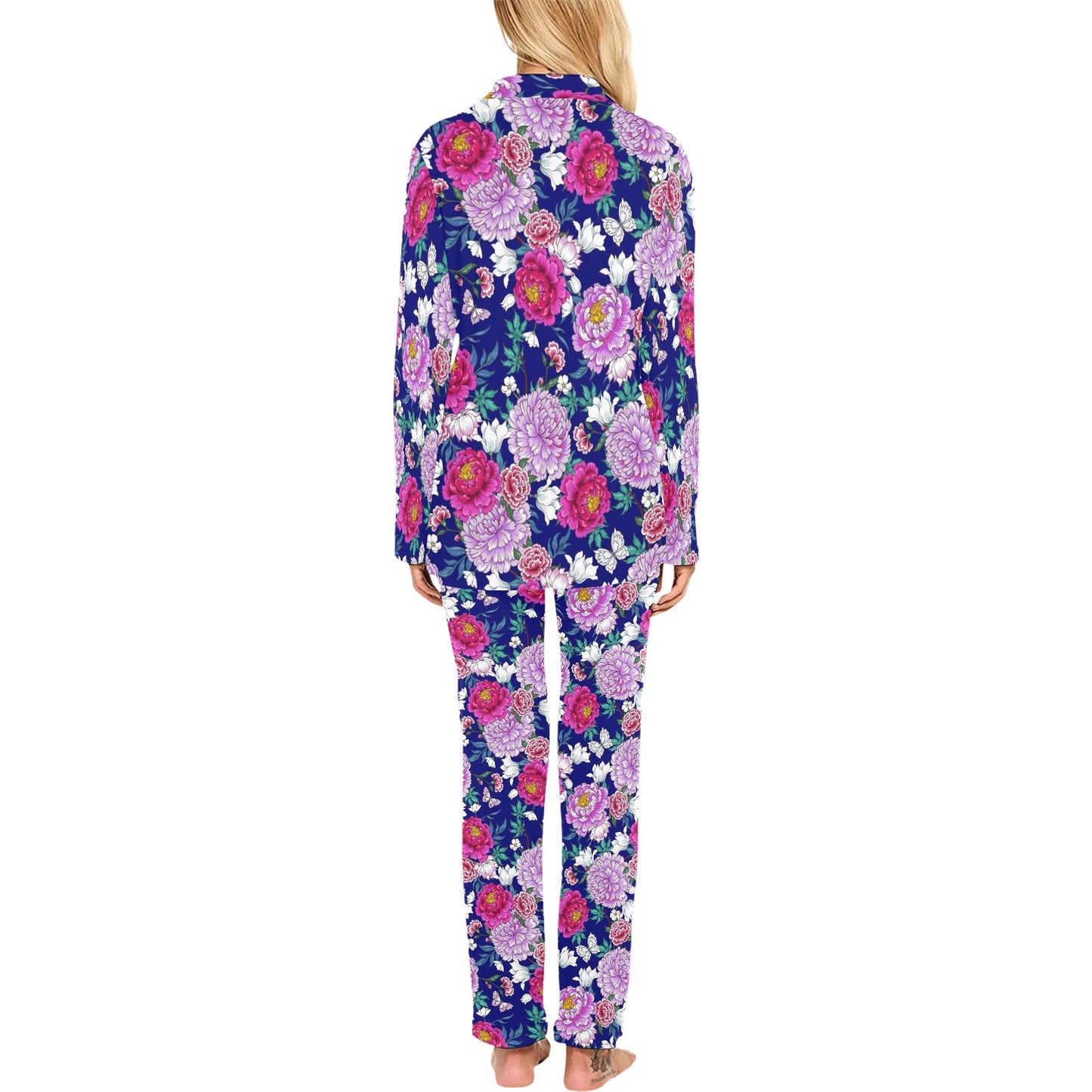 Dahlia Pattern Print Design DH013 Women's Long Pajama Set
