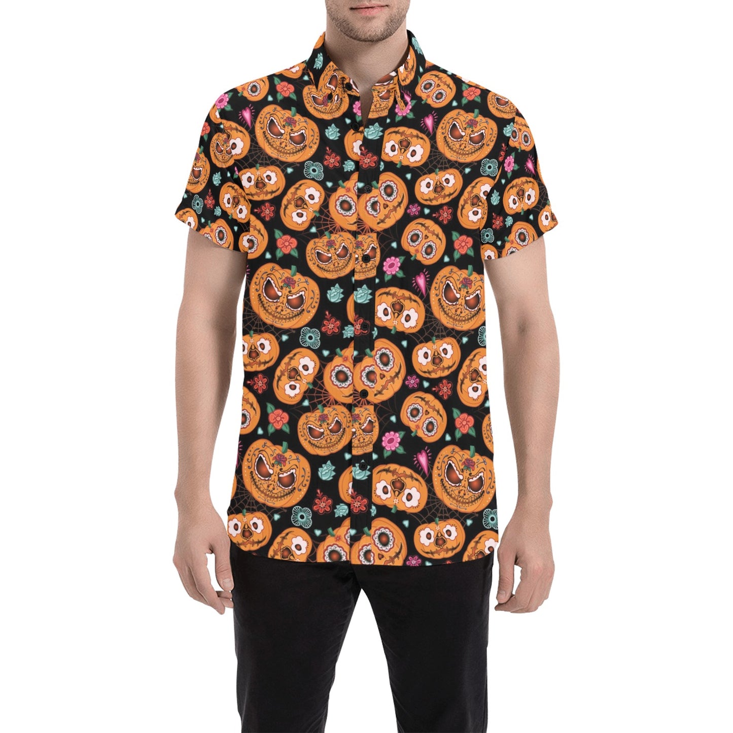 Halloween Print Design LKS402 Men Short Sleeve Button Up Shirt