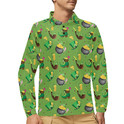 Shamrock Saint Patrick's Day Print Design LKS306 Long Sleeve Polo Shirt For Men's