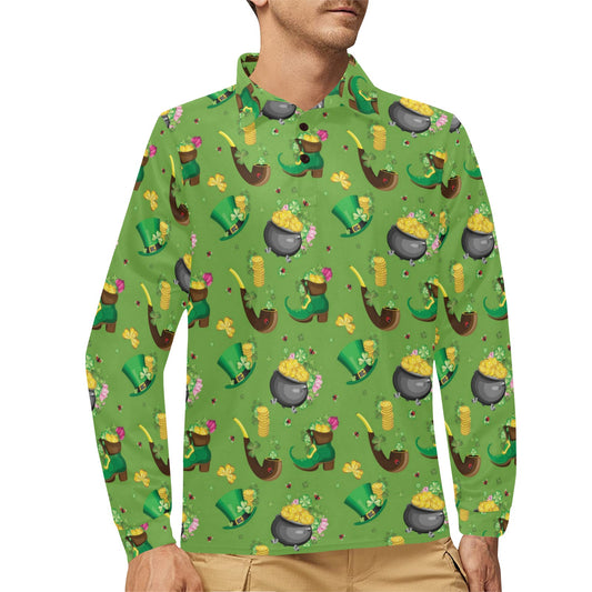 Shamrock Saint Patrick's Day Print Design LKS306 Long Sleeve Polo Shirt For Men's