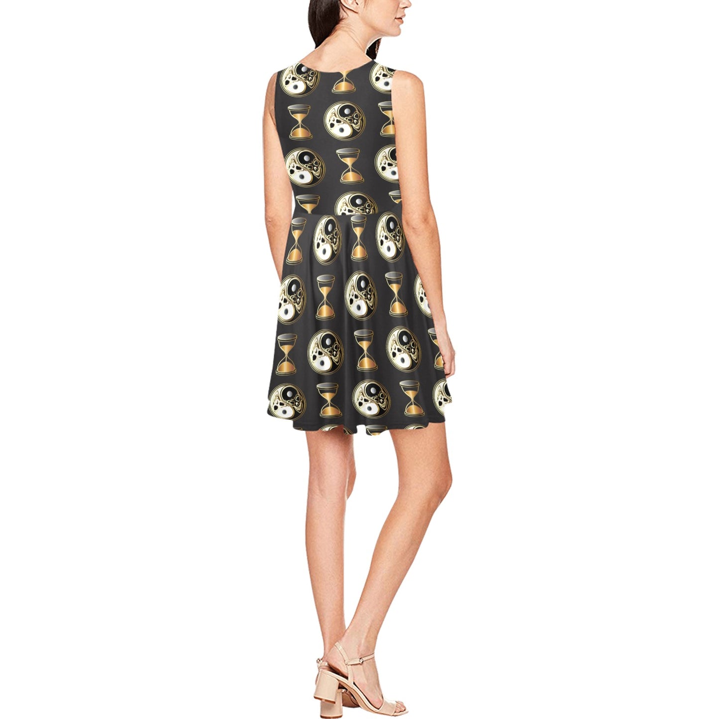 Yin Yang Skull Themed Design Print Sleeveless Dress