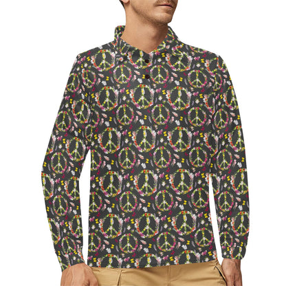 Peace Sign flowers Design Print Long Sleeve Polo Shirt For Men's