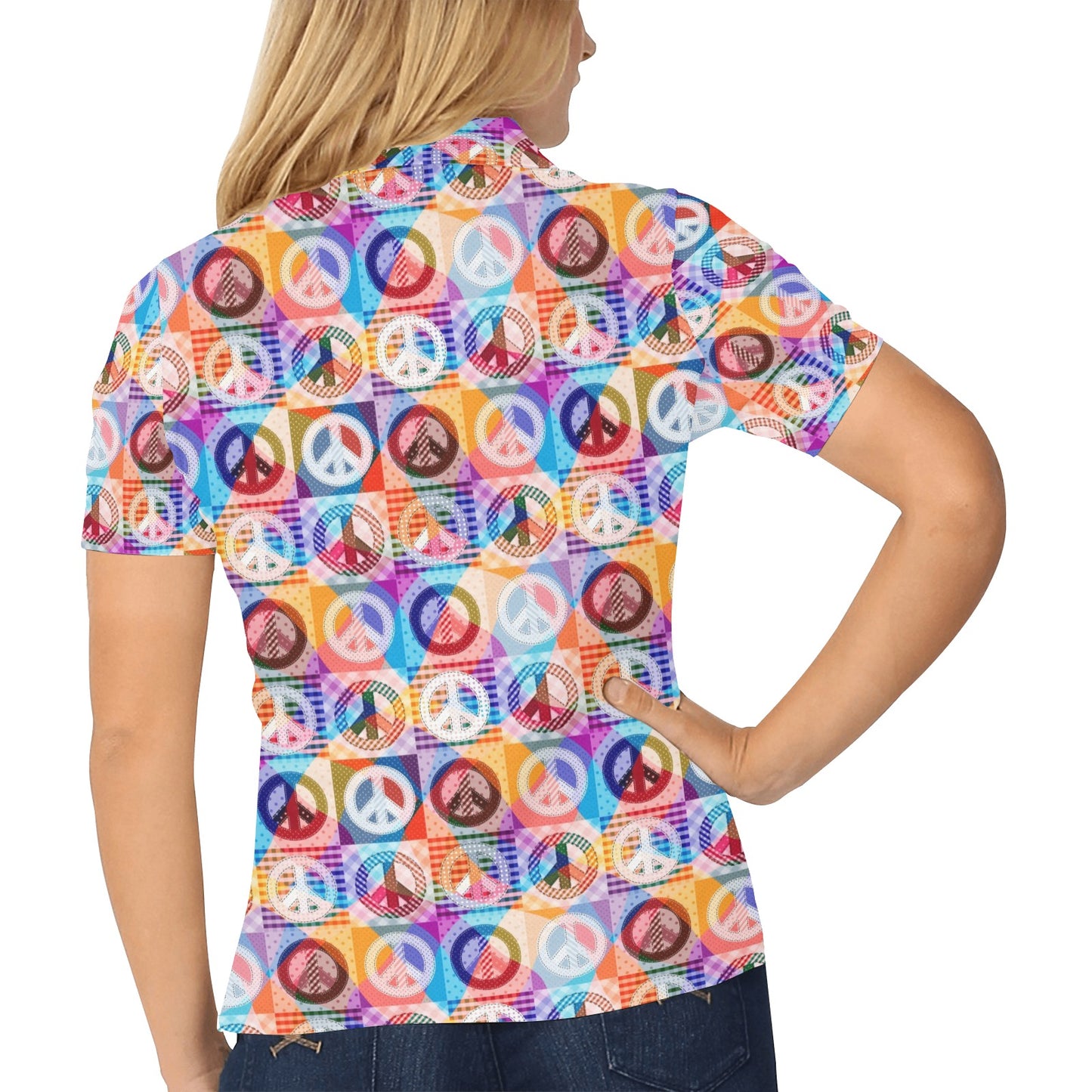 Peace Sign Patchwork Design Print Women's Polo Shirt
