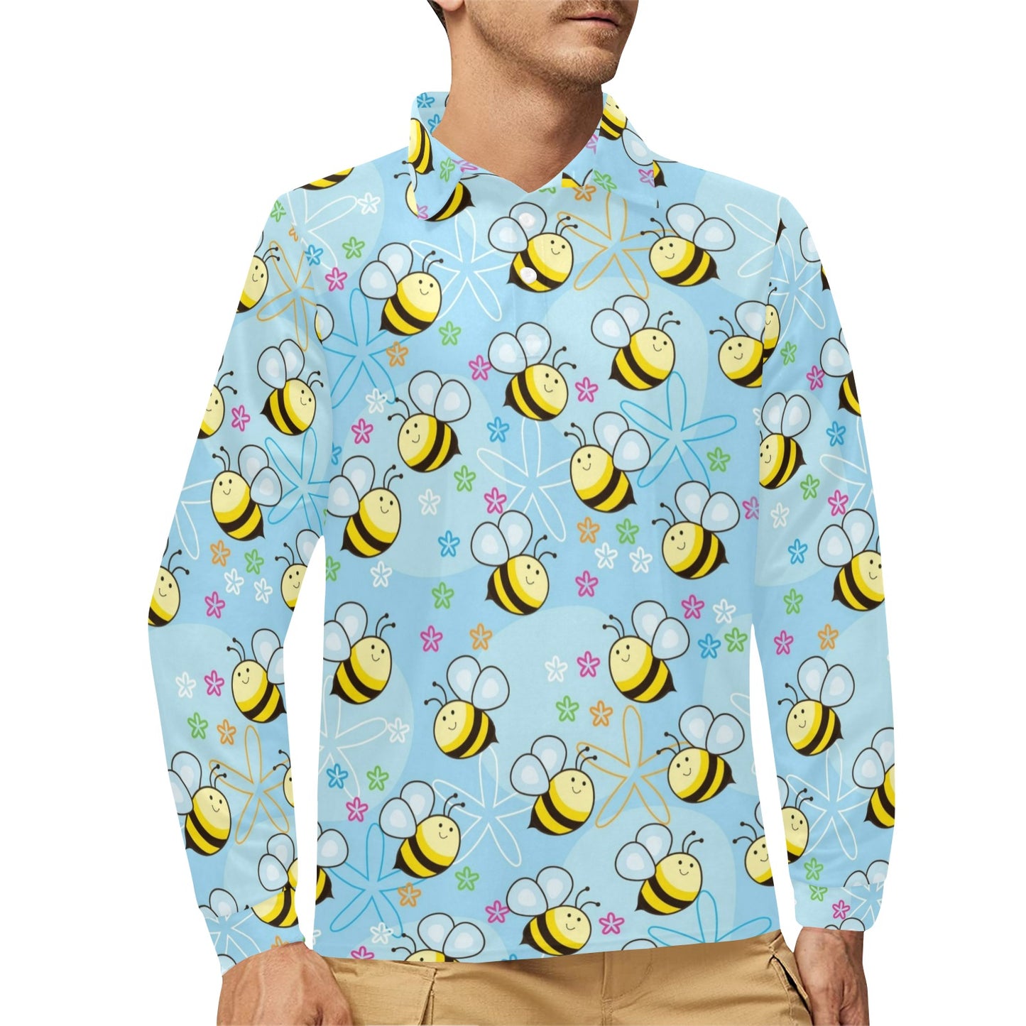 Bee Pattern Print Design BEE03 Long Sleeve Polo Shirt For Men's
