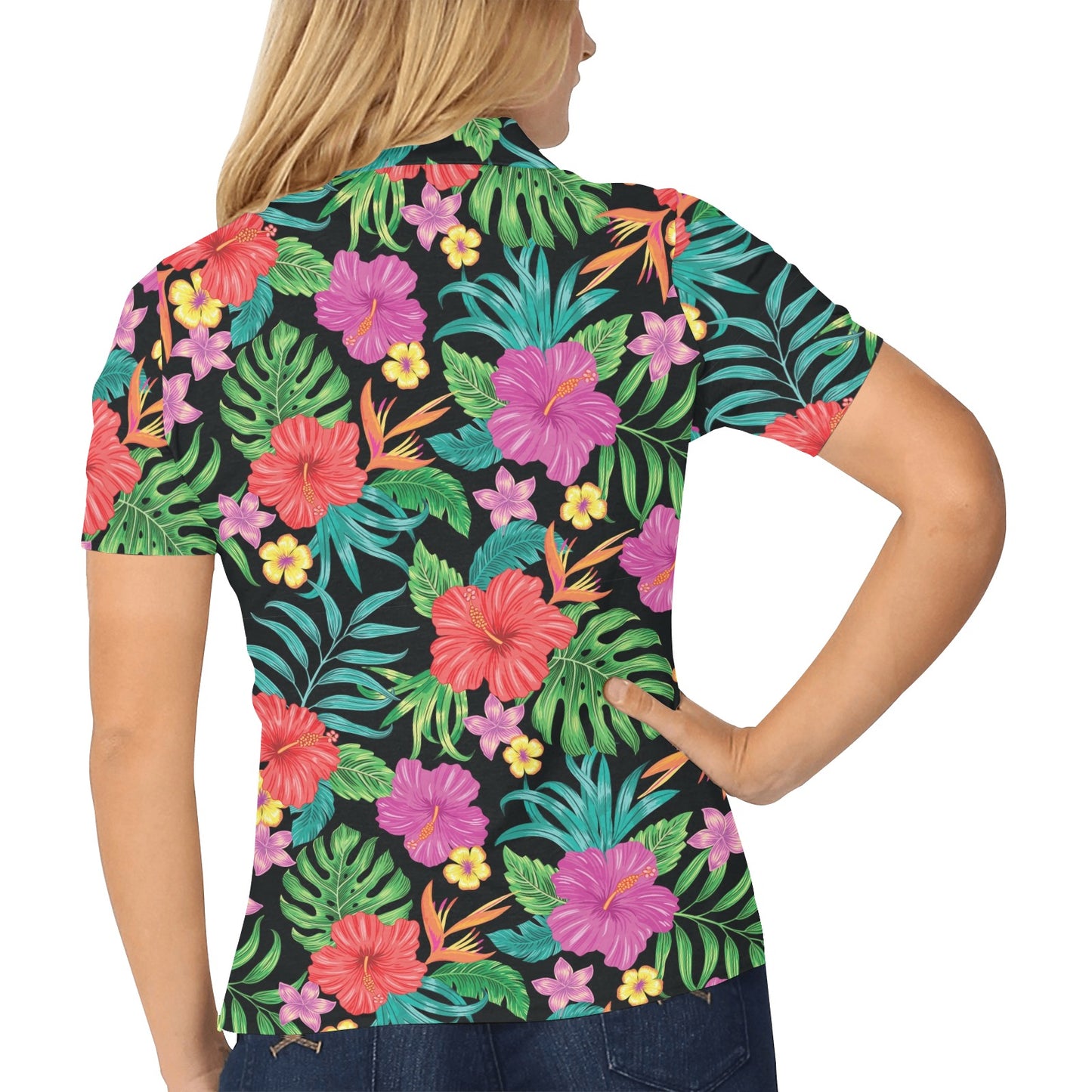 Hibiscus Print Women's Polo Shirt