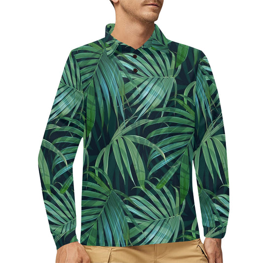 Tropical Flower Pattern Print Design TF011 Long Sleeve Polo Shirt For Men's