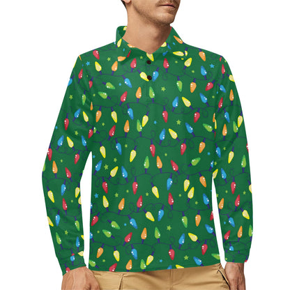Christmas Light Pattern Print Design 02 Long Sleeve Polo Shirt For Men's