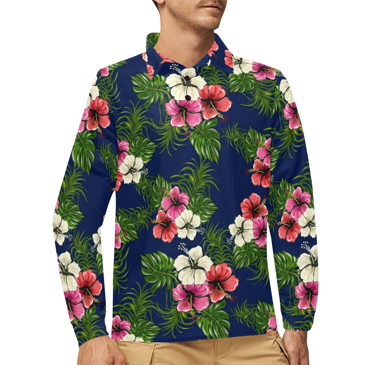 Hibiscus Pattern Print Design HB028 Long Sleeve Polo Shirt For Men's