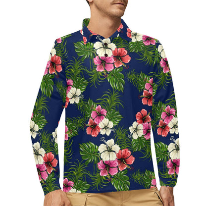 Hibiscus Pattern Print Design HB028 Long Sleeve Polo Shirt For Men's