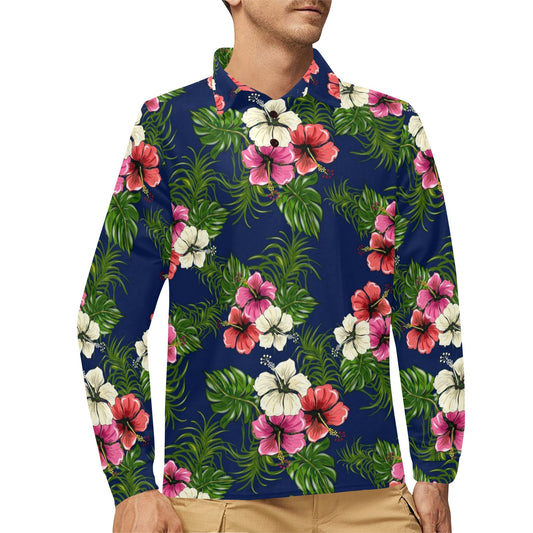 Hibiscus Pattern Print Design HB028 Long Sleeve Polo Shirt For Men's