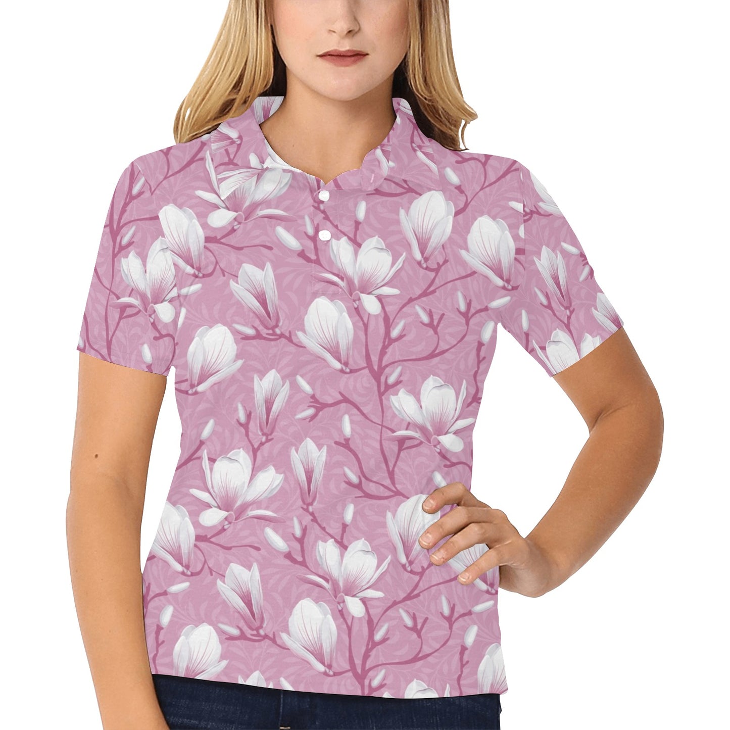 Magnolia Pattern Print Design MAG05 Women's Polo Shirt