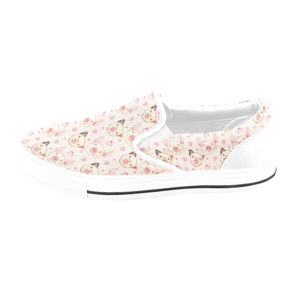 Pig Print Design LKS406 White Slip Ons Canvas Women's Shoes