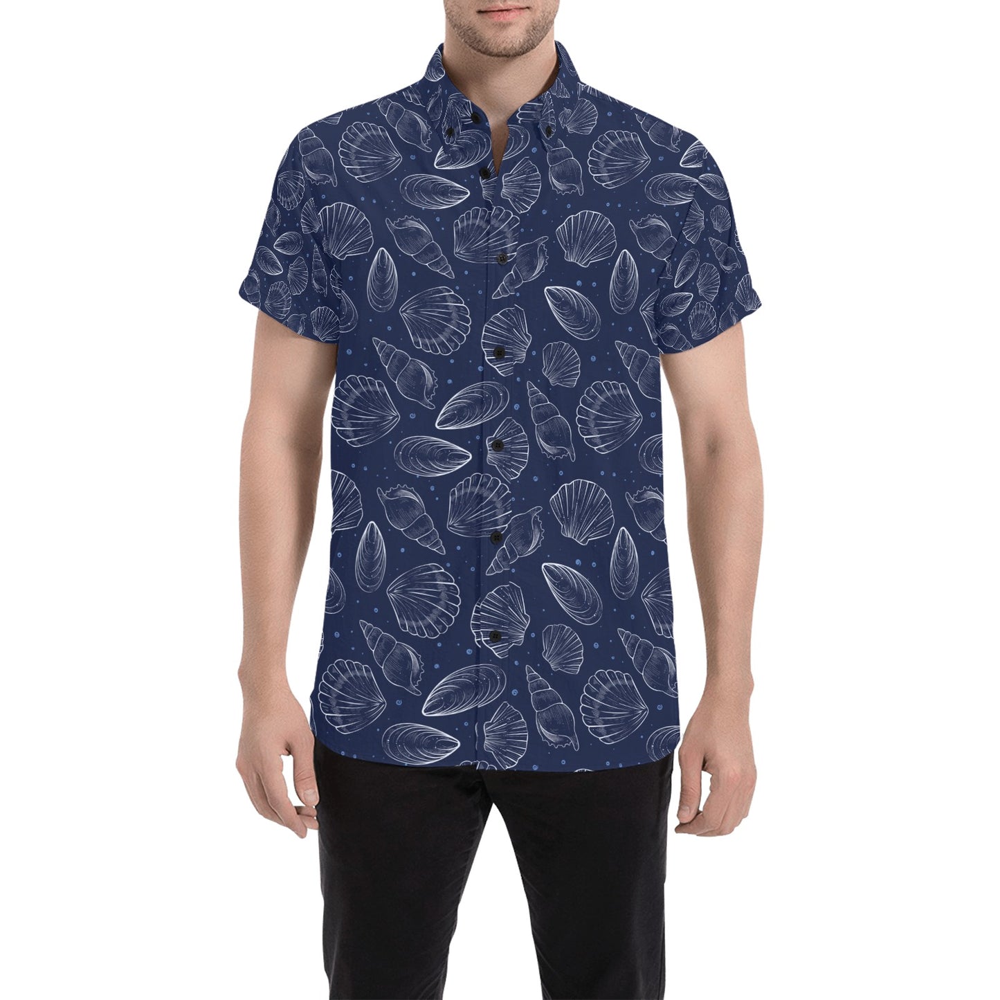 Seashell Print Design LKS3011 Men Short Sleeve Button Up Shirt