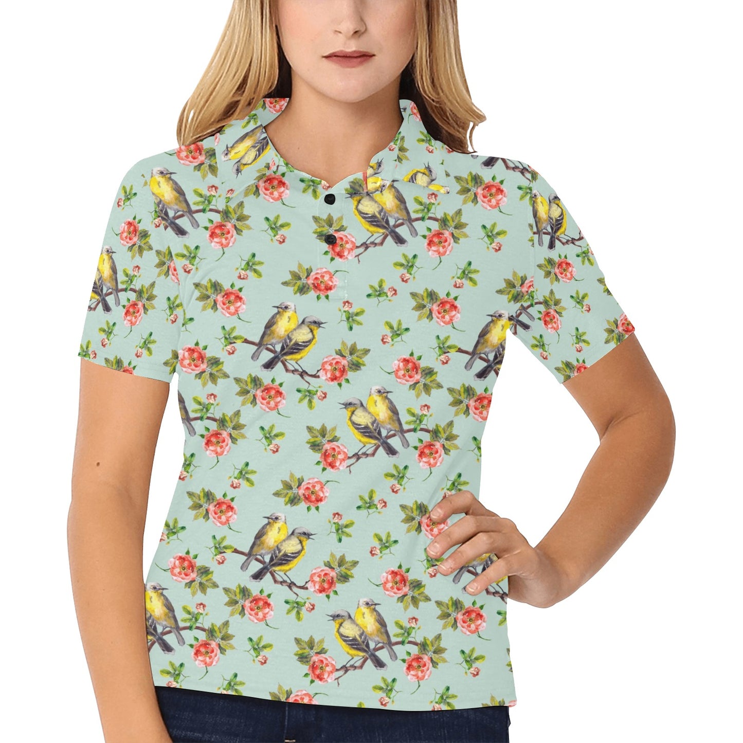 Bird with Red Flower Print Pattern Women's Polo Shirt