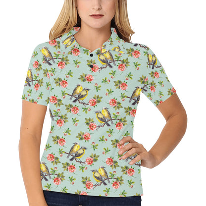 Bird with Red Flower Print Pattern Women's Polo Shirt