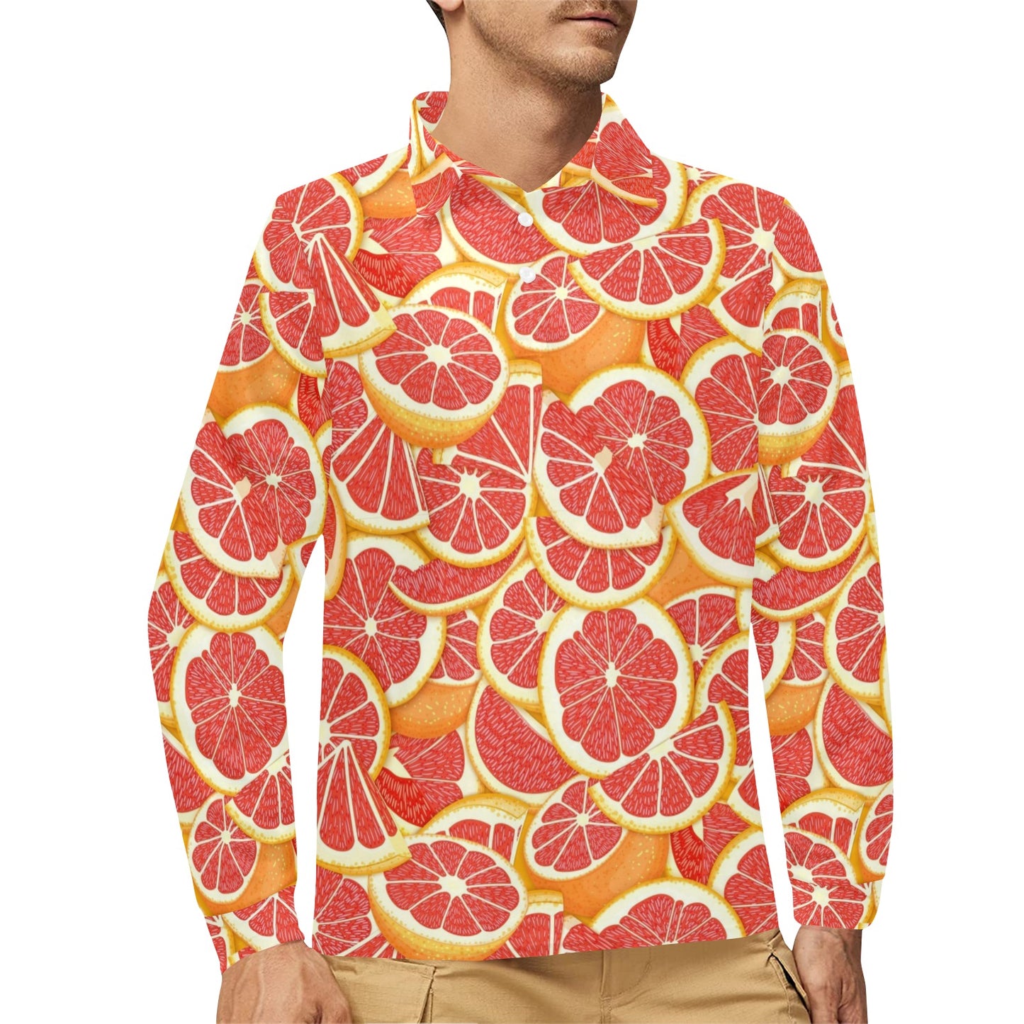 Grapefruit Pattern Print Design GF02 Long Sleeve Polo Shirt For Men's