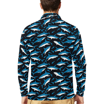 Shark Print Design LKS303 Long Sleeve Polo Shirt For Men's