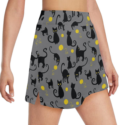 Black Cat Yellow Yarn Print Pattern 17" Golf & Pickleball Skort with Pockets