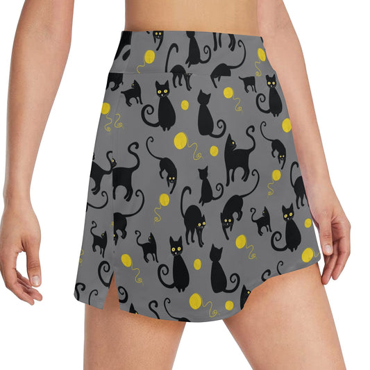 Black Cat Yellow Yarn Print Pattern 17" Golf & Pickleball Skort with Pockets