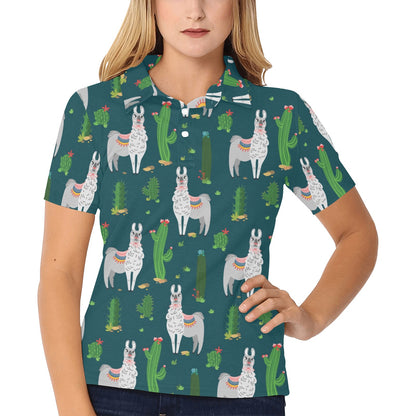 Llama Cactus Pattern Print Design 013 Women's Polo Shirt