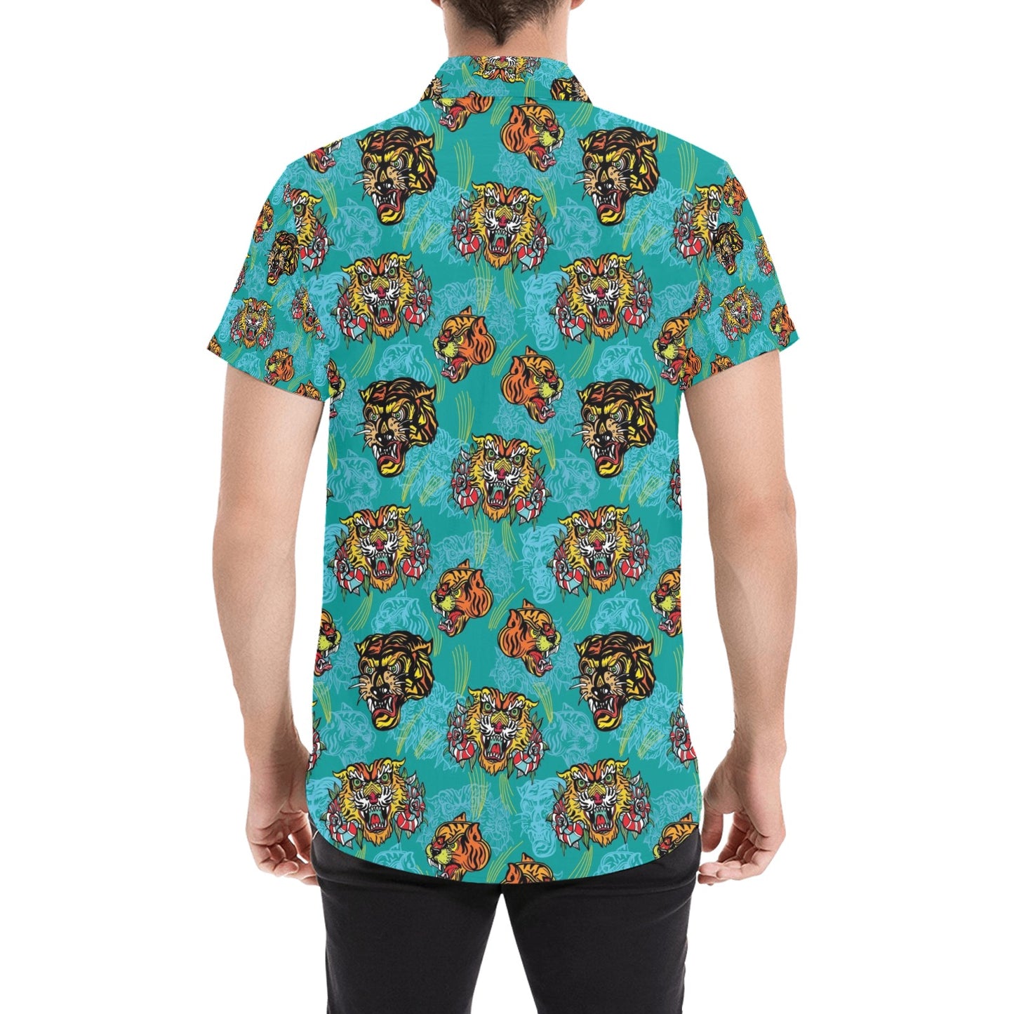 Tattoo Tiger Head Print Design LKS304 Men Short Sleeve Button Up Shirt