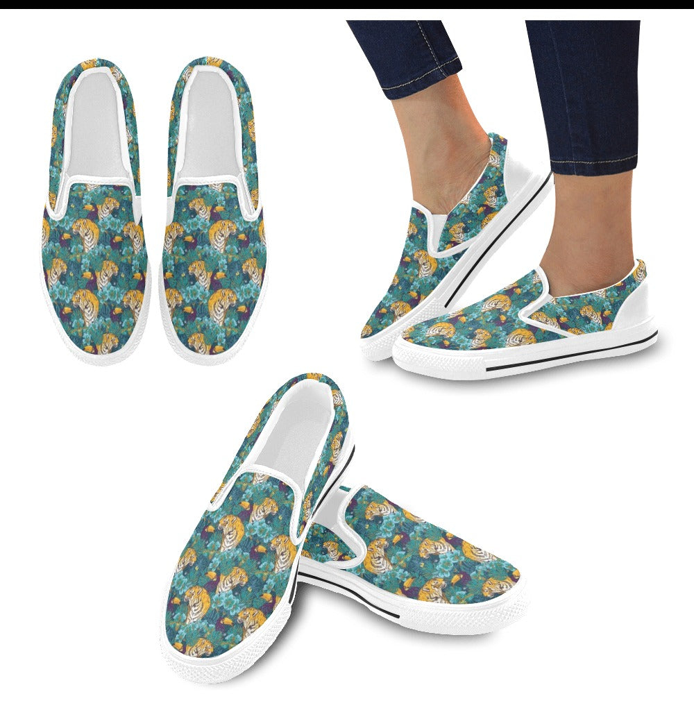 Tiger Tropical Print Design LKS301 White Slip Ons Canvas Women's Shoes
