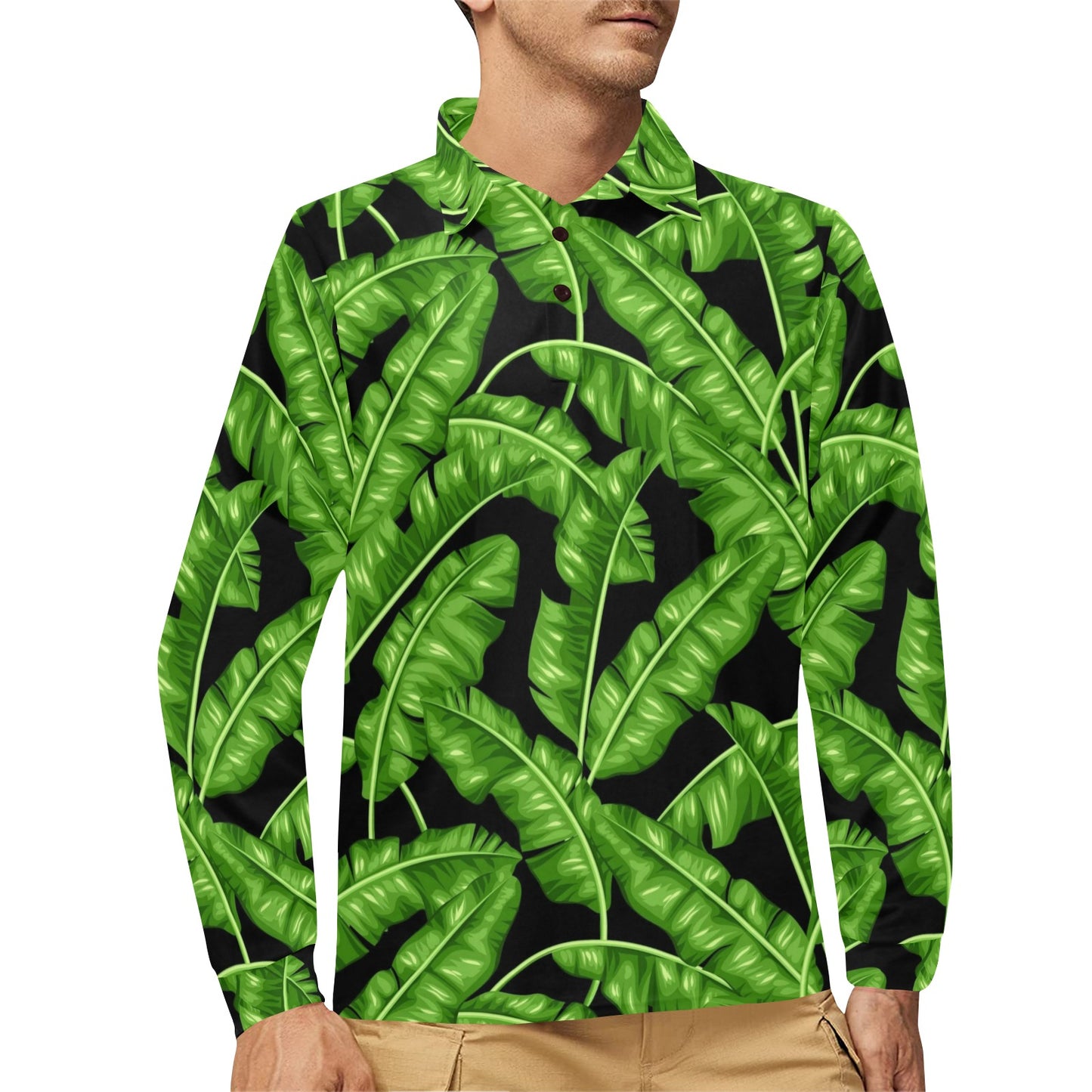 Banana Leaf Pattern Print Design BL01 Long Sleeve Polo Shirt For Men's
