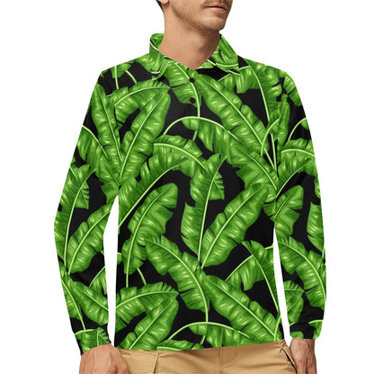 Banana Leaf Pattern Print Design BL01 Long Sleeve Polo Shirt For Men's
