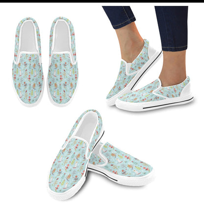 Ski Fox Cute Print Design LKS303 White Slip Ons Canvas Women's Shoes