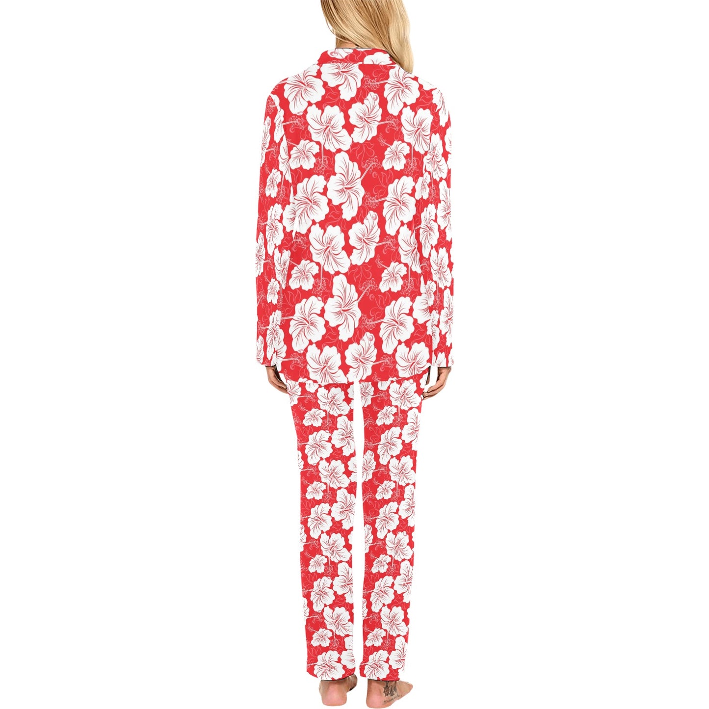 Flower Hawaiian Hibiscus Red Background Print Women's Long Pajama Set