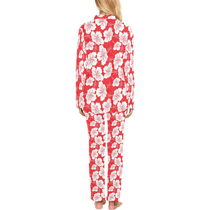 Flower Hawaiian Hibiscus Red Background Print Women's Long Pajama Set