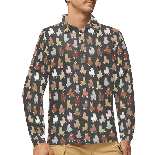 Alpaca Cute Design Themed Print Long Sleeve Polo Shirt For Men's