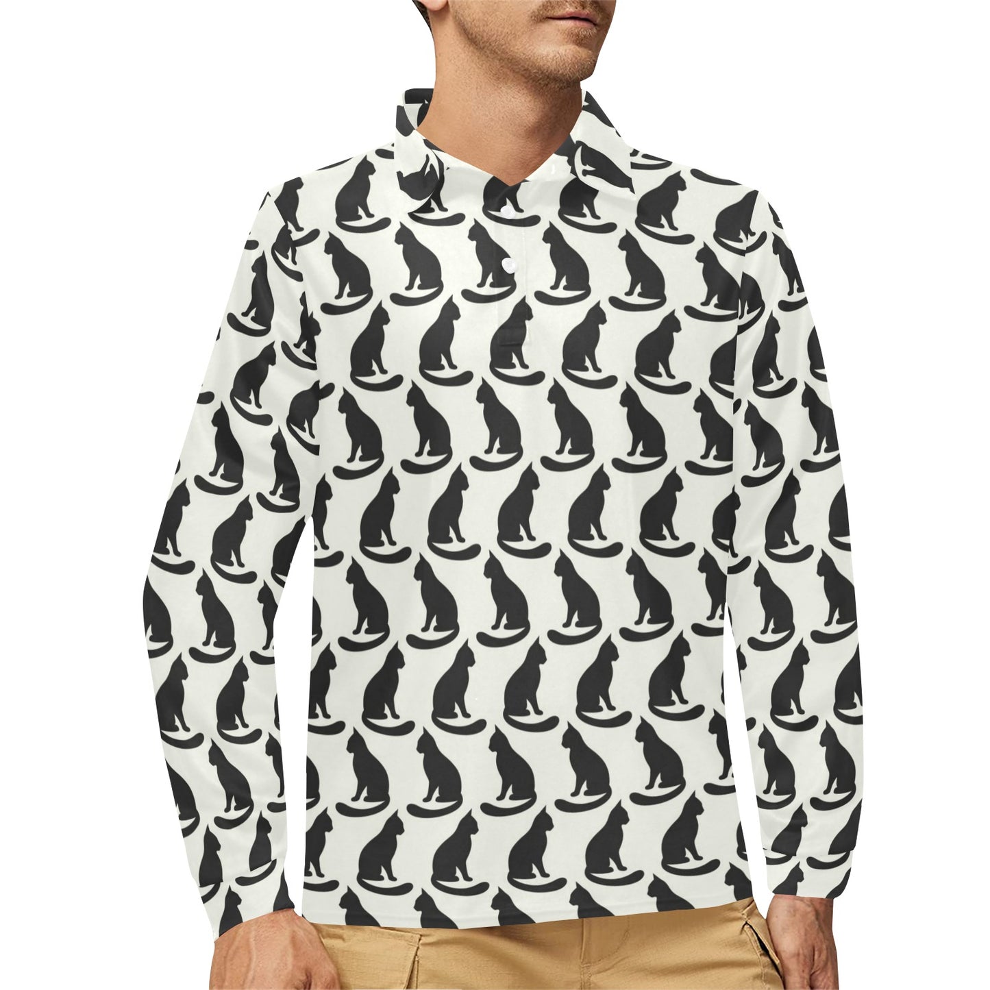 Black Cat Pattern Print Design 02 Long Sleeve Polo Shirt For Men's
