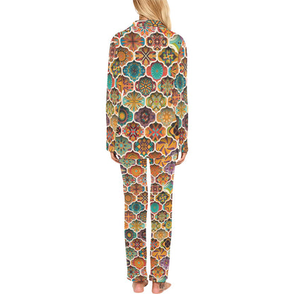 Mandala Mosaic Themed Design Print Women's Long Pajama Set