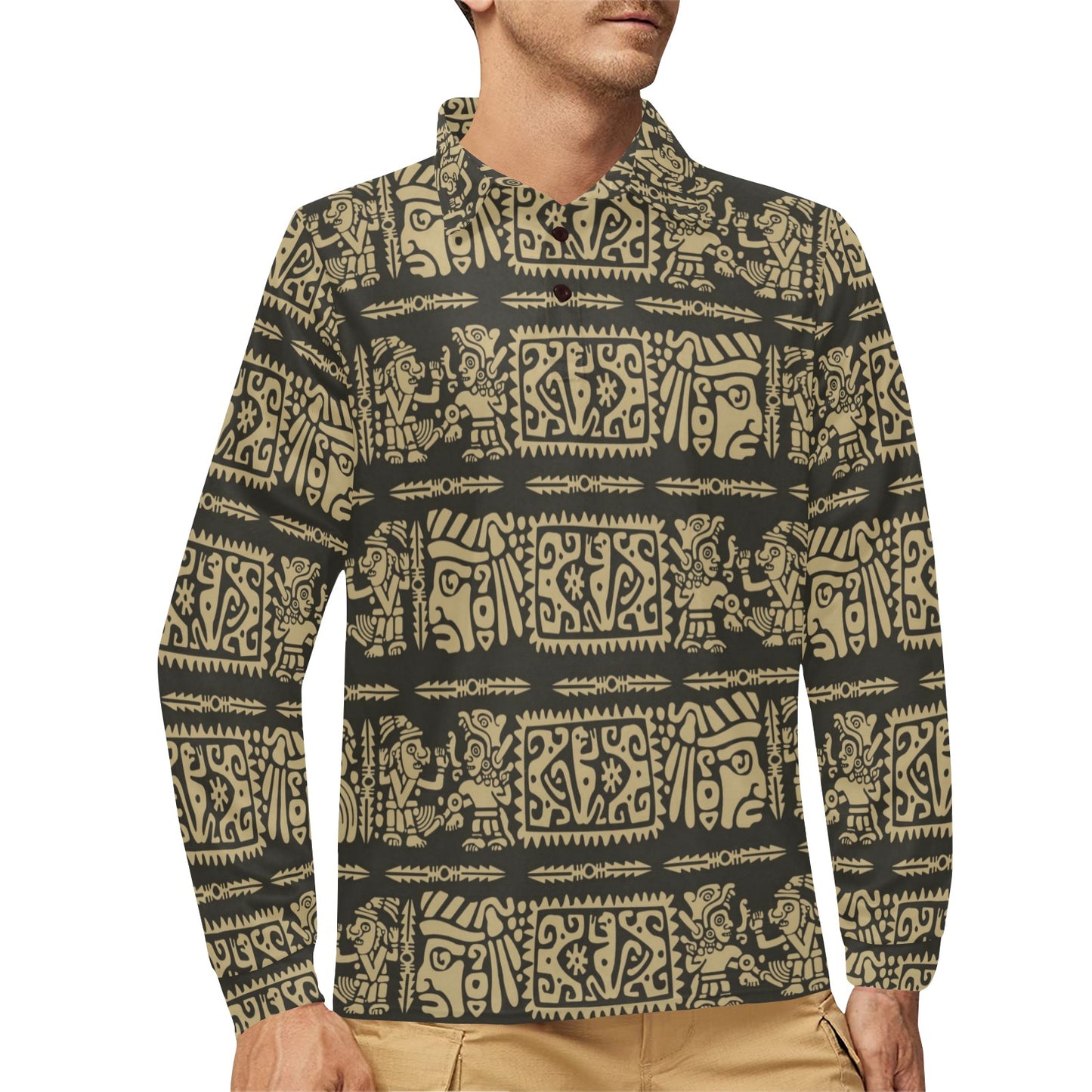 Mayan Pattern Print Design 02 Long Sleeve Polo Shirt For Men's
