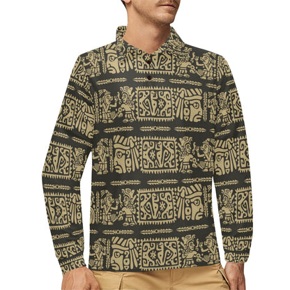 Mayan Pattern Print Design 02 Long Sleeve Polo Shirt For Men's