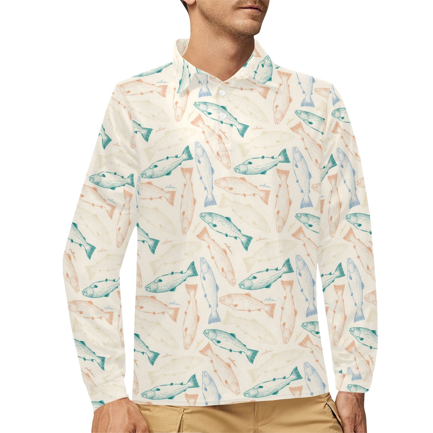 Salmon Fish Print Design LKS305 Long Sleeve Polo Shirt For Men's