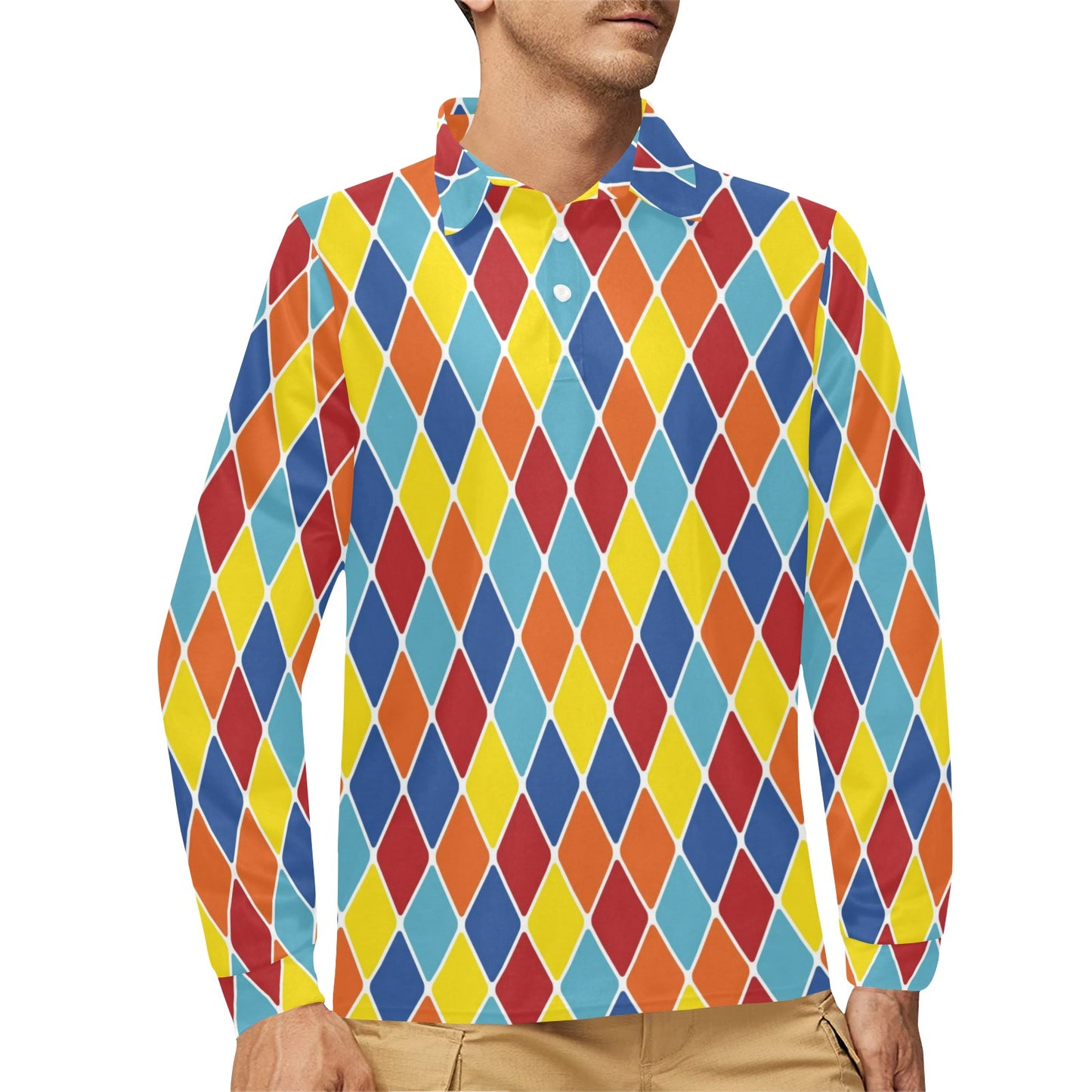 Harlequin Pattern Print Design 01 Long Sleeve Polo Shirt For Men's