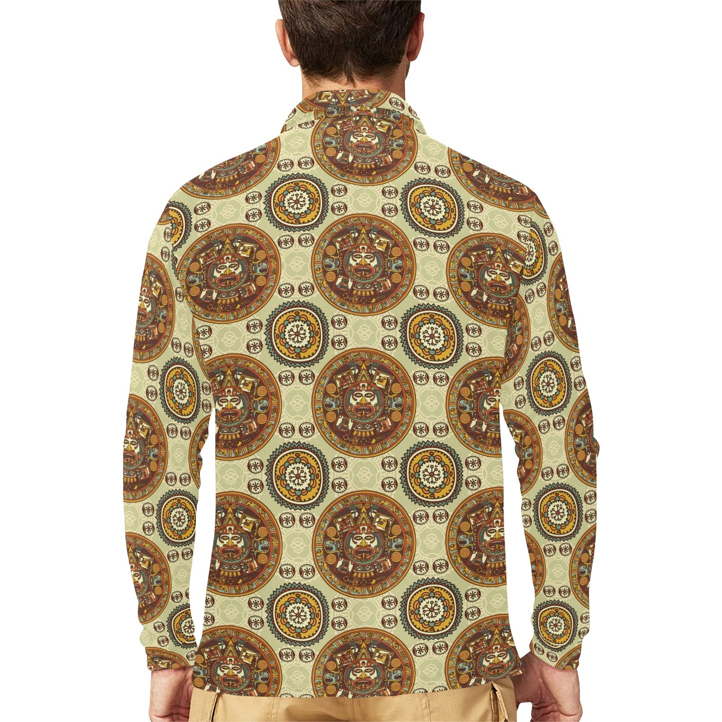 Calendar Aztec Themed Print Pattern Long Sleeve Polo Shirt For Men's